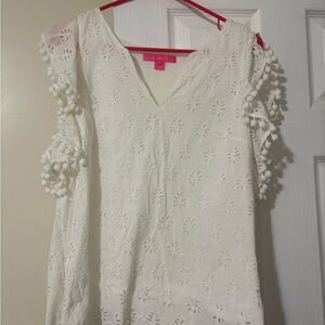 White Eyelet Top with Pom-Pom Sleeves